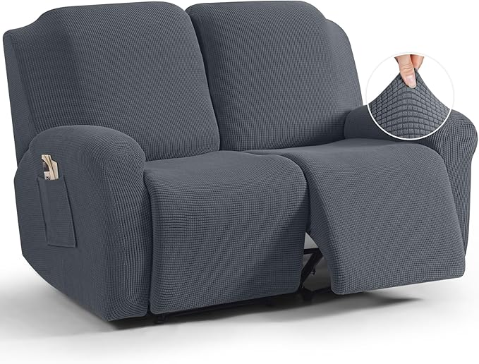 TAOCOCO Recliner Loveseat Slipcover, 6 Pieces Dual Recliner Sofa Covers for 2 Seat Dual Reclining Loveseat Couch, Stretch Soft Jacquard Pattern Furniture Protector with Elasticity (Grey)