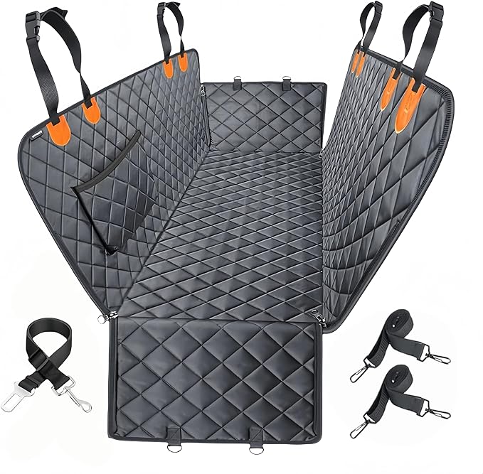 Dog Car Seat Cover for Back Seat,Heavy Duty Dog Hammock for Car with Side Flap,100% Waterproof Pet Backseat Cover, Anti-Scratch Nonslip Pet Seat Protector for Cars Trucks and SUV (Black with Orange)