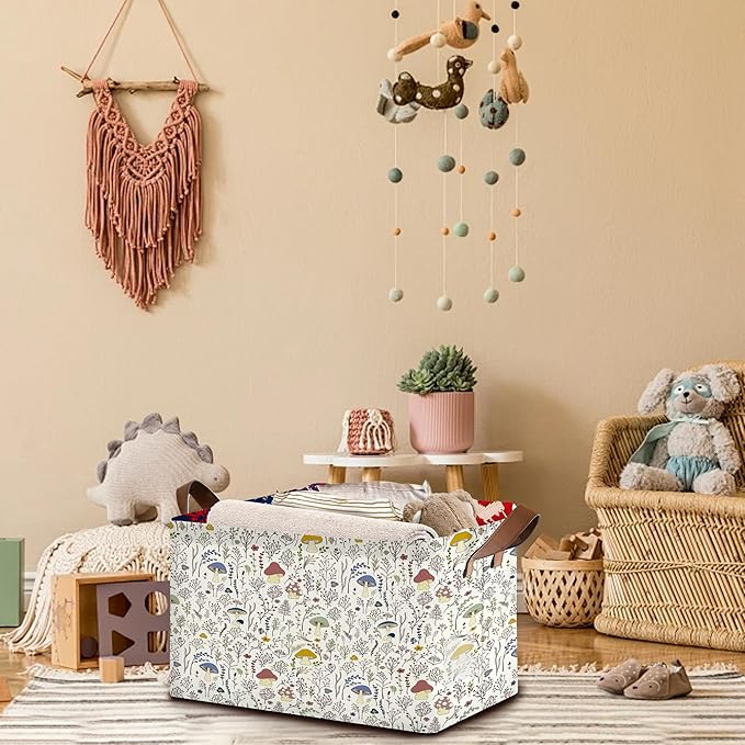 Retro Mushroom Storage Basket Large 17x11.5x10.5 Inche-Collapsible Fabric Organizer Bin with Handles for Cottagecore Decor, Nursery, Forest Theme-Decorative Hamper with Whimsical Fungi-Single Pack