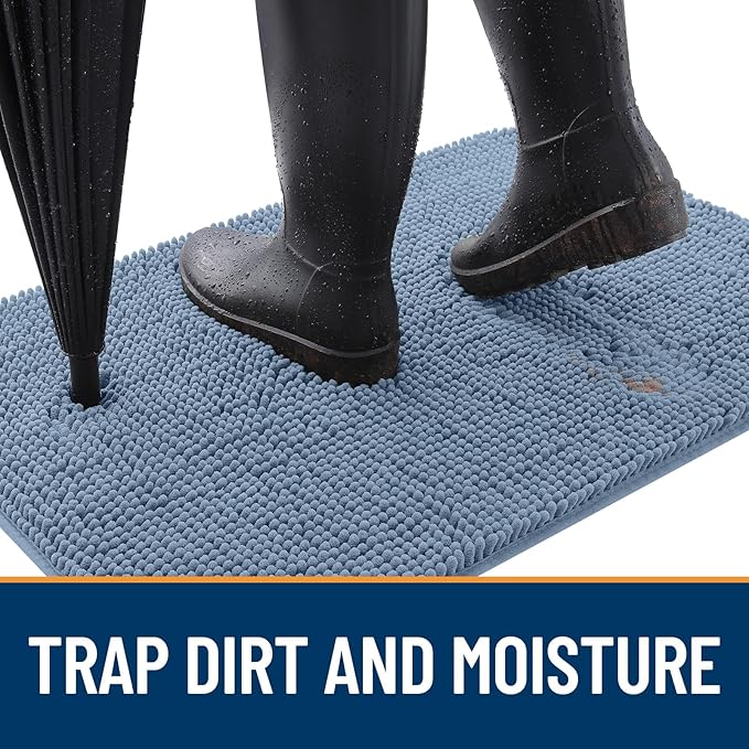 OLANLY Dog Door Mat for Muddy Paws 35x24, Absorbs Moisture and Dirt, Absorbent Non-Slip Washable Doormat, Quick Dry Chenille Mud Mat for Dogs, Entry Indoor Entryway Carpet for Inside Floor, Airy Blue