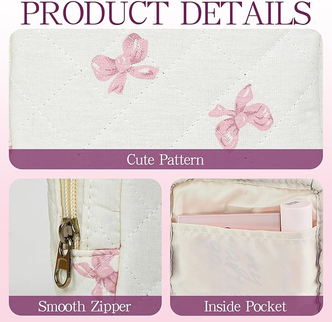 Small Floral Quilted Makeup Bag, Coquette Aesthetic Travel Toiletry Organizer for Women, Lightweight Cotton Cosmetic Pouch