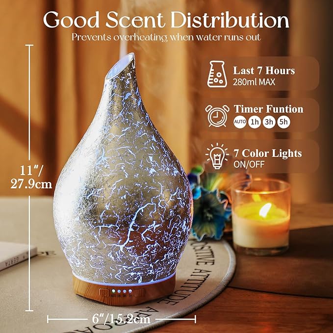 Porseme 280ml Essential Oil Diffuser, 3D Glass Aromatherapy Diffusor, Ultrasonic Cool Mist BPA Free Aroma Humidifier with Timer and Color Changing Function, Waterless Shut-Off for Home Office Room