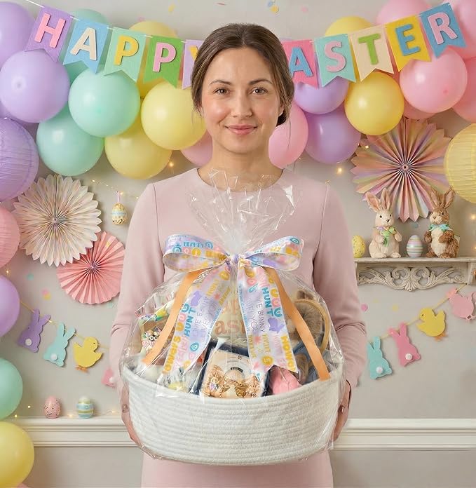 Small Woven Gift Basket Empty with Bag & Ribbon - Gifts for Mom, Baby Shower, Birthdays & Raffle - Cotton Rope Storage Basket for Dog Toys or Shelf - 12"x8"x5", White/Easter Ribbon