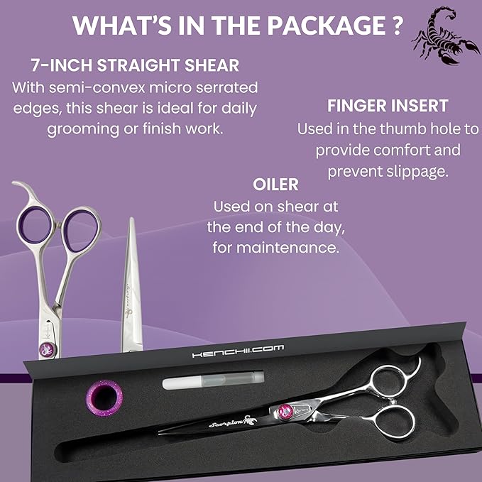 Kenchii Scorpion 7 Inch, Straight Grooming Scissors for Dogs and Pets - Premium Steel Scissors for Dog Grooming - Dog Shears Pet Grooming Accessories - Pet Hair Trimming Scissor