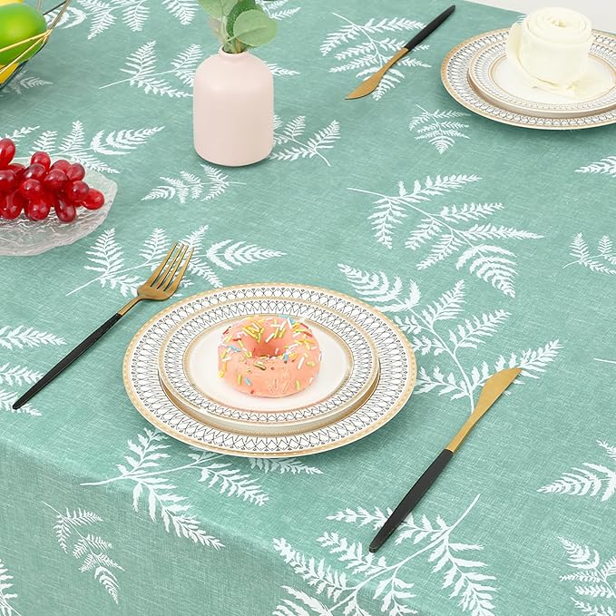 misaya Rectangle Waterproof Vinyl Table Cloth, Wipeable Tablecloth with Flannel Backing, Plastic Table Cover for Dinner, Picnic, Indoor and Outdoor (Light Green Leaves, 60" x 84")