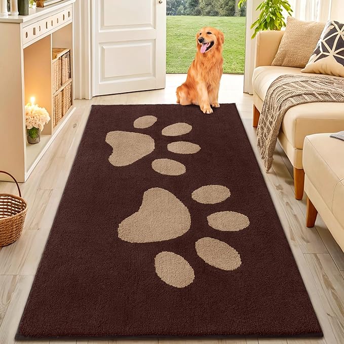 Smiry Dog Door Mat for Muddy Paws, Absorbs Moisture and Dirt, Low-Profile Entryway Mat with Non-Slip Backing, Entry Indoor Outdoor Doormat for Inside Floor (59x35 Inches, Brown, Paw)