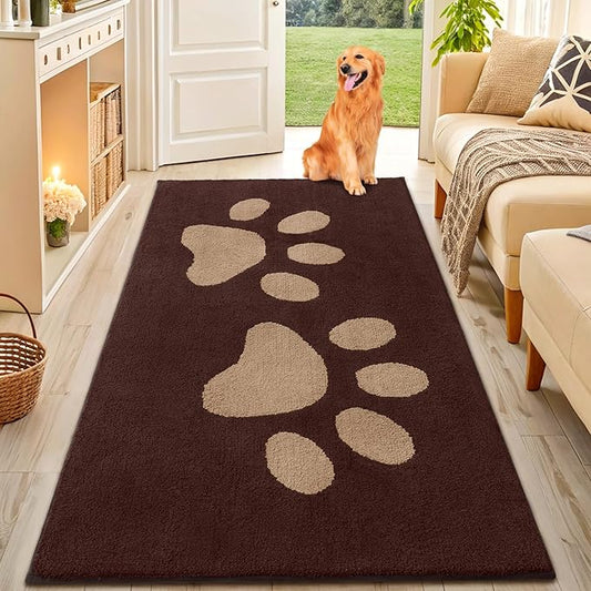 Smiry Dog Door Mat for Muddy Paws, Absorbs Moisture and Dirt, Low-Profile Entryway Mat with Non-Slip Backing, Entry Indoor Outdoor Doormat for Inside Floor (59x35 Inches, Brown, Paw)