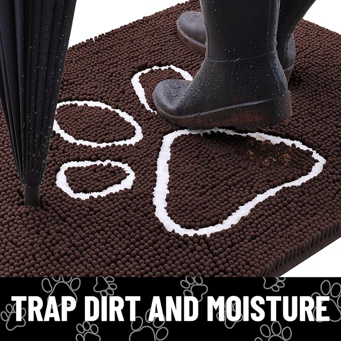 Smiry Dog Door Mat for Muddy Paws, Absorbent Dirt Trapper Non Slip Quick Dry Washable Chenille Mat for Mud Dogs, Entry Rug for Indoor and Outdoor (36x24 Inches, Brown and White)