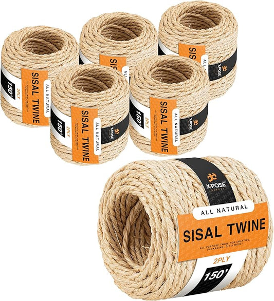Sisal Twine - Thin Natural Fiber Rope on Spool - Rope for Cat Scratching Post, Cat Tree Replacement Parts, Pet Toy - Decorative Cordage, Pole Wrap (6, 2 Ply 150ft)
