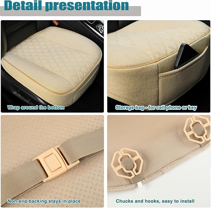 West Llama Linen Front Car Seat Cover Protector Anti-Slip Bottom Seat Cover Fits 95% of Vehicles,Wrapping Around The Bottom,Diamond Pattern(Beige-1Pcs)