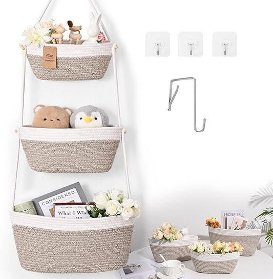 Hanging Storage Baskets, Over The Door Basket, Cotton Wall Baskets Storage, Hanging Door Basket with 4 Hooks