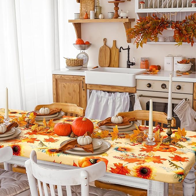 misaya Rectangle Vinyl Tablecloth, Fitted Table Cover, 100% Waterproof, Elastic Edge, Flannel Backing, Plastic Table Cloth Fit 6 Foot Folding Tables for Fall, Thanksgiving (Pumpkin Orange, 30x72 inch)