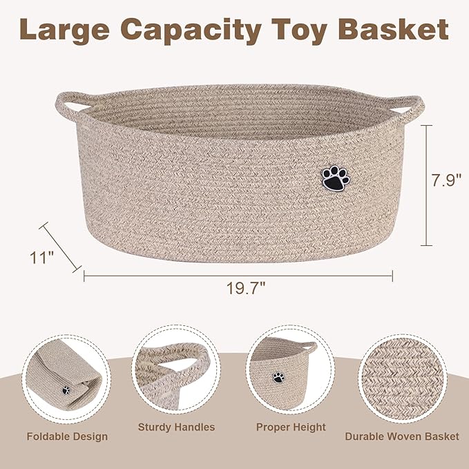 Dog Toy Basket, Toy Box and Bin for Dog Cat Storage, 19.7" X 11" X 7.9" (30L) Large Woven Rope Basket for Blanket Storage, Living Room, Bedroom, Brown