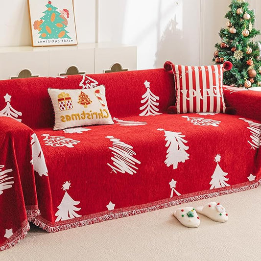 hyha Couch Cover for Dogs, Boho Sofa Covers for 3 Cushion Couch Washable, Chenille Sofa Slipcover for Pets, Soft Loveseat Sectional Couch Throw Blankets with Tassels (Red Christmas tree,88.5x134 Inch)
