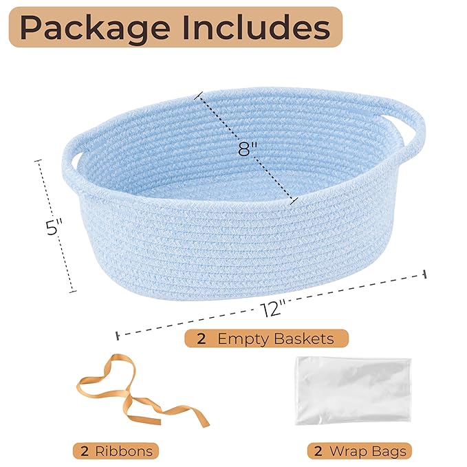 Small Woven Gift Basket Empty with Bag & Ribbon - Gifts for Mom, Baby Shower, Birthdays & Raffle - Cotton Rope Storage Basket for Dog Toys or Shelf - 12"x8"x5", Blue, 2 Packs