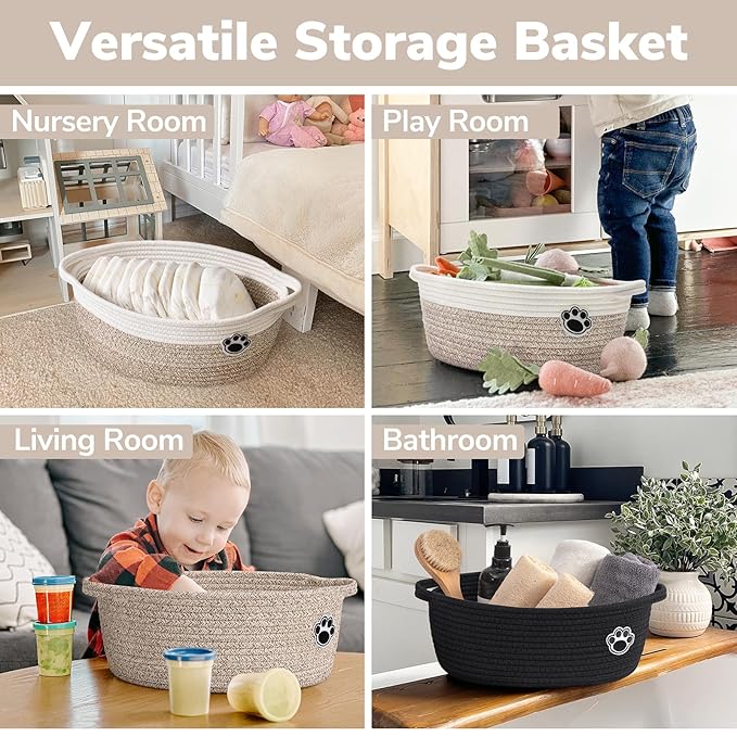 Dog Toy Basket, Woven Rope Storage Basket for Cat Toys, Diapers, Towels, Small Baby Gift Baskets for Living Room Nursery, Brown