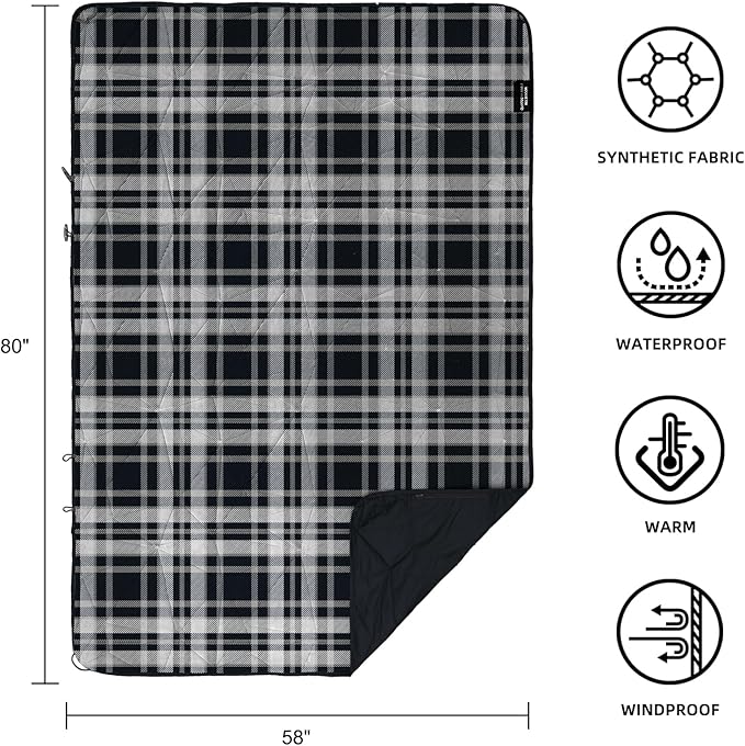 KawaGebo Kamp Outdoor Waterproof Blanket, Foldable Fleece Stadium Blanket for Outdoor Sports Event, Camping, Concerts, Car, Pet, Picnics - Windproof, Wearable, Machine Washable 80" x 58" (Black Check)