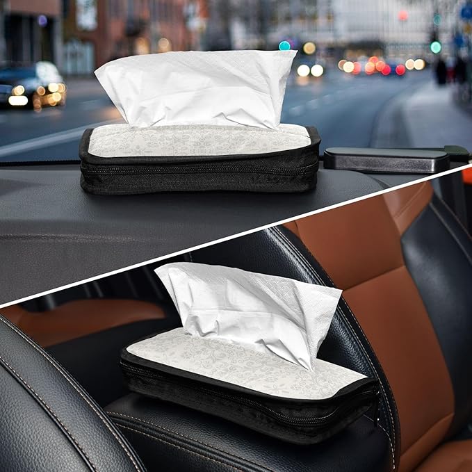 Car Tissue Holder Car Napkin Holder Car Tissue Box Dispenser Storage Case Sun Visor Mask Holder with Adjustable Straps Reusable Refillable White Floral Mandala