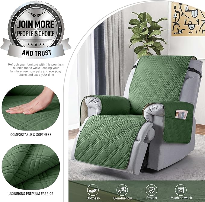 TAOCOCO Waterproof Recliner Chair Covers 30 Inch Wide, Oversized Recliner Covers for Recliner Chair with Pocket, Recliner Slipcovers with Straps Furniture Protector for Kids Pets (30'', Vine Green)