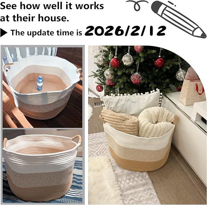 Artfeel 40L Large Cotton Rope Basket, Decorative Woven Blanket Storage for Living Room, Boho Toy Storage & Toy Box for Kids, Versatile Laundry Basket & Nursery Hamper for Blankets(Black)