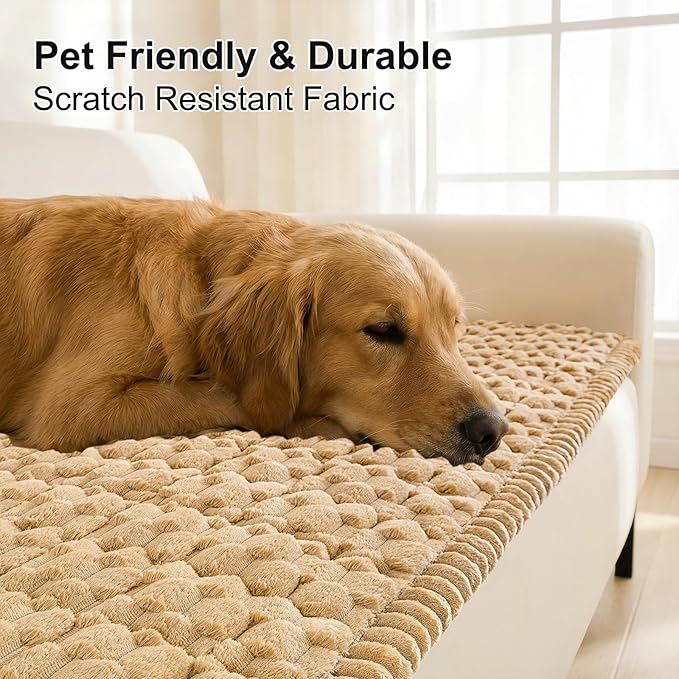 Smiry Pet Couch Cover for 3 Cushion Sofa, Non-Slip Fuzzy Couch Cover for Dogs Washable, Thick Soft Sofa Slipcovers Cushion Protector Pet Friendly (Camel, 27.6" x 47")