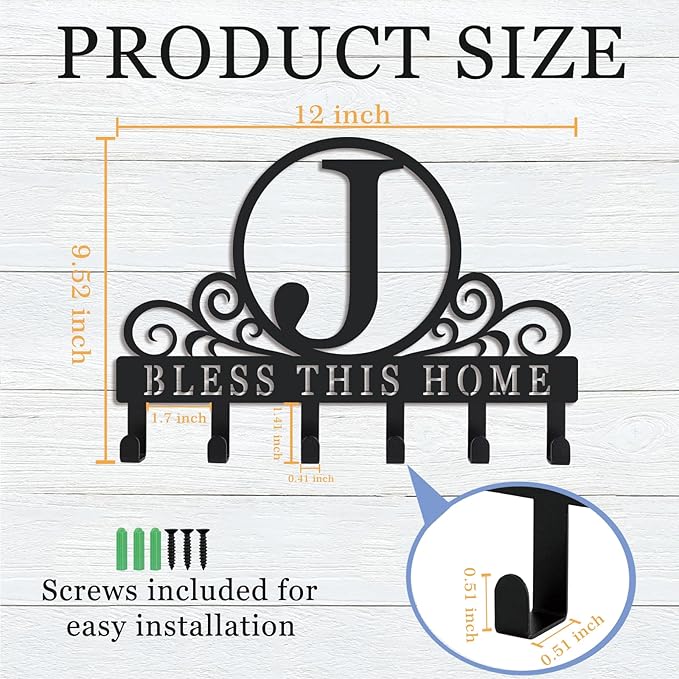 Metal Letter J Key Holder for Wall, Decorative Metal Key Holder Wall Mount, Key Hooks Coat Rack Monogram Wall Decor, Perfect for Bathroom, Living Room, Kitchen, Anniversary Housewarming Gift