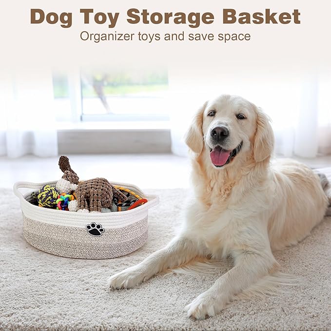 Dog Toy Easter Basket, Toy Box and Bin for Dog Cat Storage, 13.5" X 11" X 5" Small Woven Rope Basket for Baby Storage, Closet, Living Room, White & Brown