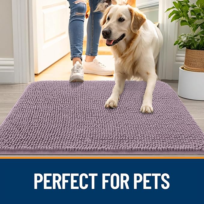 OLANLY Dog Door Mat for Muddy Paws 48x30, Absorbs Moisture and Dirt, Absorbent Non-Slip Washable Doormat, Quick Dry Chenille Mud Mat for Dogs, Entry Indoor Entryway Carpet for Inside Floor, Deep Plum