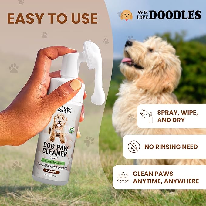 No-Rinse Dog Paw Cleaner with Built-in Silicone Bristle Brush | 3-in-1 Dirty Paw Washer Foaming Foot Cleaner for Muddy Pet Dogs & Cats | Gentle Moisturizing Waterless Shampoo - Coconut | 5 fl oz