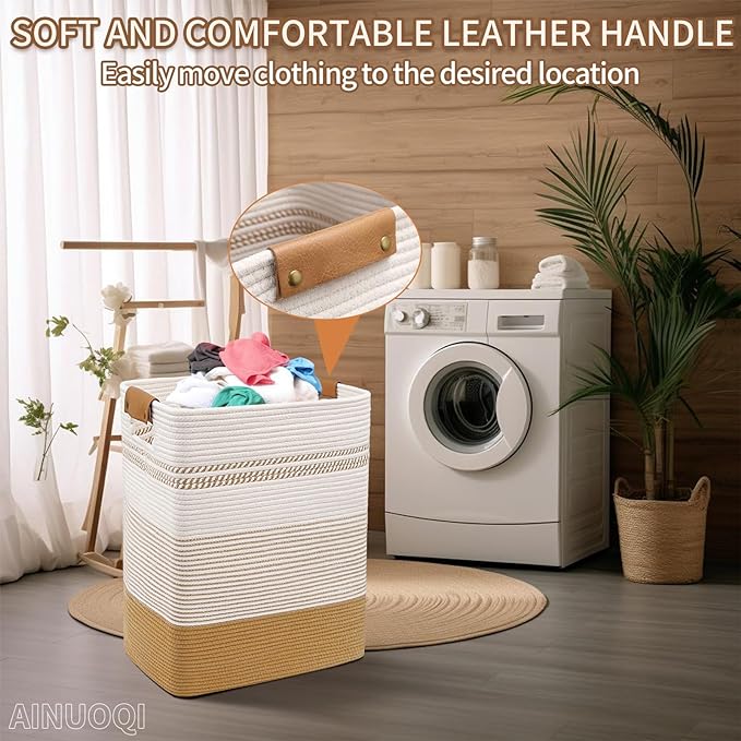 Laundry Hamper Large Laundry Basket with Leather Handles, Decorative Storage Cotton Rope Woven Basket for Blankets, Clothes Hamper for Living Room, Jute & White, 85L