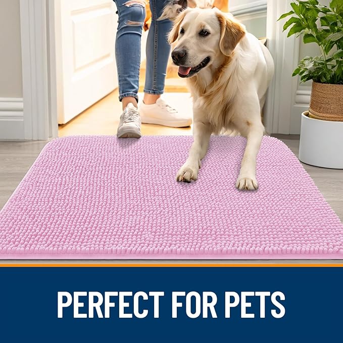 OLANLY Dog Door Mat for Muddy Paws 44x32, Absorbs Moisture and Dirt, Absorbent Non-Slip Washable Doormat, Quick Dry Chenille Mud Mat for Dogs, Entry Indoor Entryway Carpet for Inside Floor, Pink
