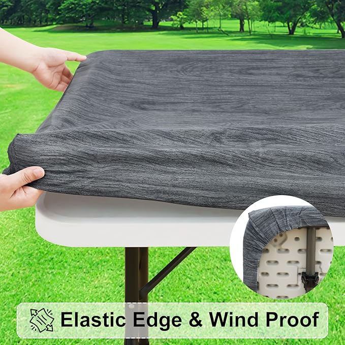misaya Rectangle Vinyl Tablecloth, Fitted Table Cover, 100% Waterproof, Elastic Edge, Flannel Backing, Table Cloth Fit 6 Foot Folding Tables for Picnic, Camping, Outdoor (Wood Grey, 30x72 inch)