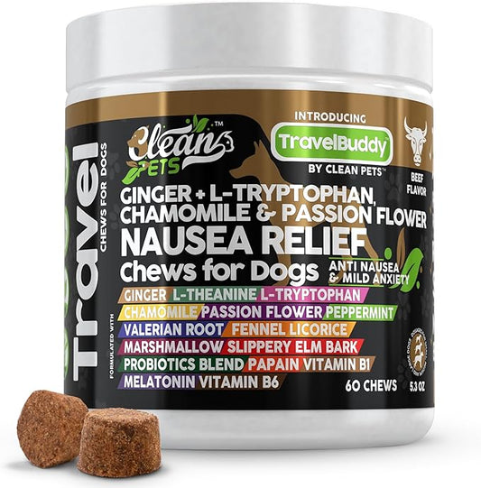 Travel Chews Nausea Relief for Dogs | Ginger L-Tryptophan Chamomile Passion Flower L-Theanine Peppermint Valerian Root Fennel Licorice Root Marshmallow Root Slippery Elm Melatonin Chew