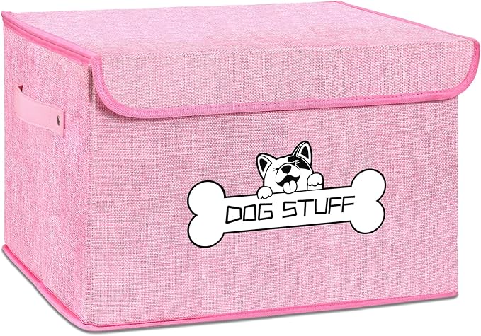 Thankspaw Fabric Dog Toy Box with Lid, Collapsible Storage Bin, Basket Organizer with Handle for Dog Toys, Blankets and Accessories, Pink