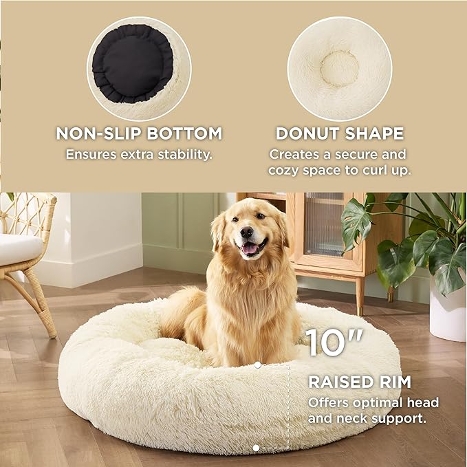 Bedsure Calming Dog Bed for Extra Large Dogs - Donut Washable Large Pet Bed, Anti-Slip Round Fluffy Plush Faux Fur Dog Bed, Fits up to 120 lbs Pets, Ivory Beige, 45 inches