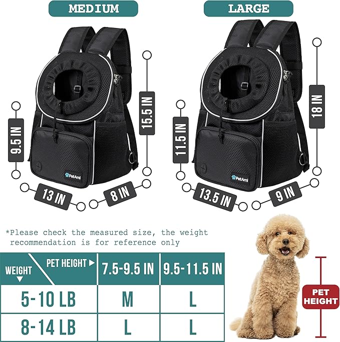 PetAmi Adjustable Dog & Cat Chest Carrier Backpack, Ventilated for Hiking, Camping & Travel, Max 10 lbs, Black