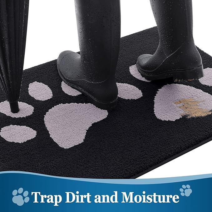 Buganda Dog Door Mat for Muddy Paws, Absorbent Dirt Trapper Washable Indoor Doormats, Non Slip Low-Profile Mud Mat for Dogs, Front Entrance Doormat for Inside Floor (47x32 Inches, Black and Grey)