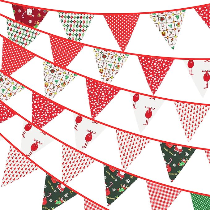 G2PLUS Christmas Triangle Bunting Banner, 39Ft Cotton Pennant Banner, Reusable Multicolor Fabric Bunting Garlands for Holiday Party, Indoor Outdoor Home, School, Church Decorations