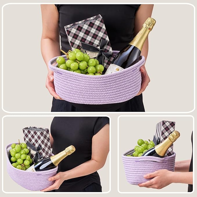 Small Woven Gift Basket Empty with Bag & Ribbon - Gifts for Mom, Baby Shower, Birthdays & Raffle - Cotton Rope Storage Basket for Dog Toys or Shelf - 12"x8"x5", Purple, 2 Packs