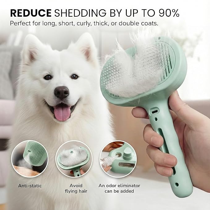 SHAZORY Pet Steam Brush for Dog & Cat - 3-in-1 Steam Grooming Brush for Shedding & Hair Removal - Self Cleaning Spray Comb with Mist for Long Haired Pets - Includes Water Refill Bottle (Green)