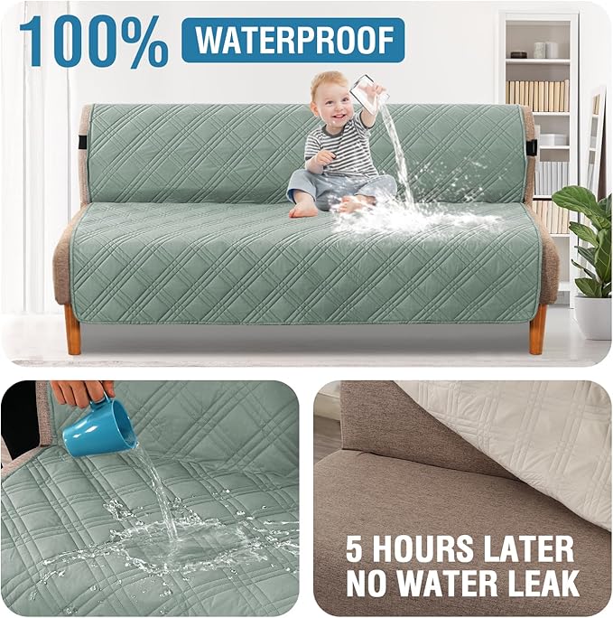 H.VERSAILTEX 100% Waterproof Futon Sofa Slipcover Reversible Sofa Cover Armless Futon Cover Soft Thicken Sofa Bed Pets Kids Dog Cat Fit Sitting Width Up to 70", Lily Pad/Beige