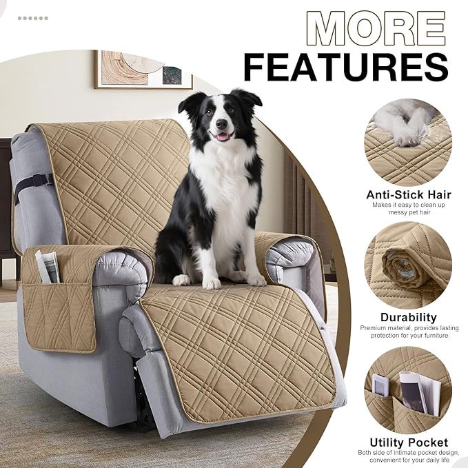 TAOCOCO 100% Waterproof Recliner Chair Cover, Non Slip Recliner Covers for Recliner Chair with Pocket, Washable Reclining Chair Cover Furniture Protector for Kids,Dogs(23.6'', Camel)