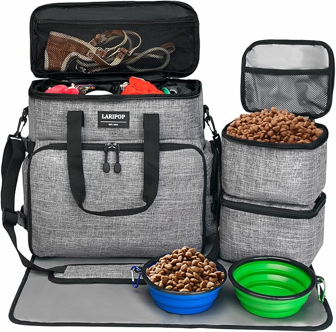 LARIPOP Dog Travel Bag,Weekend Pet Travel Bag Set,Airline Approved Tote,Multi-Function Dog Bags for Traveling,Include 2 Collapsible Bowls,2 Food Storage Containers,1 Feeding Mat,Gray