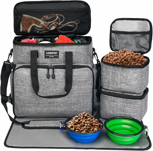 LARIPOP Dog Travel Bag,Weekend Pet Travel Bag Set,Airline Approved Tote,Multi-Function Dog Bags for Traveling,Include 2 Collapsible Bowls,2 Food Storage Containers,1 Feeding Mat,Gray