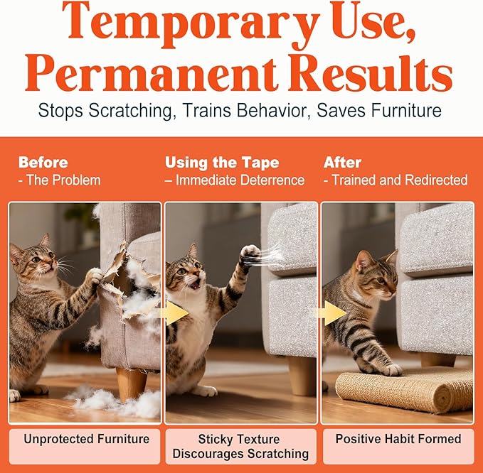 6 Pack Cat Scratch Furniture Protector – Double-Sided Sticky Deterrent Training Tape from Cat Claws, Clear Anti-Scratch Guard for Couch, Sofa, Doors, Easy Apply & Residue-Free, Not for Leather,Velvet
