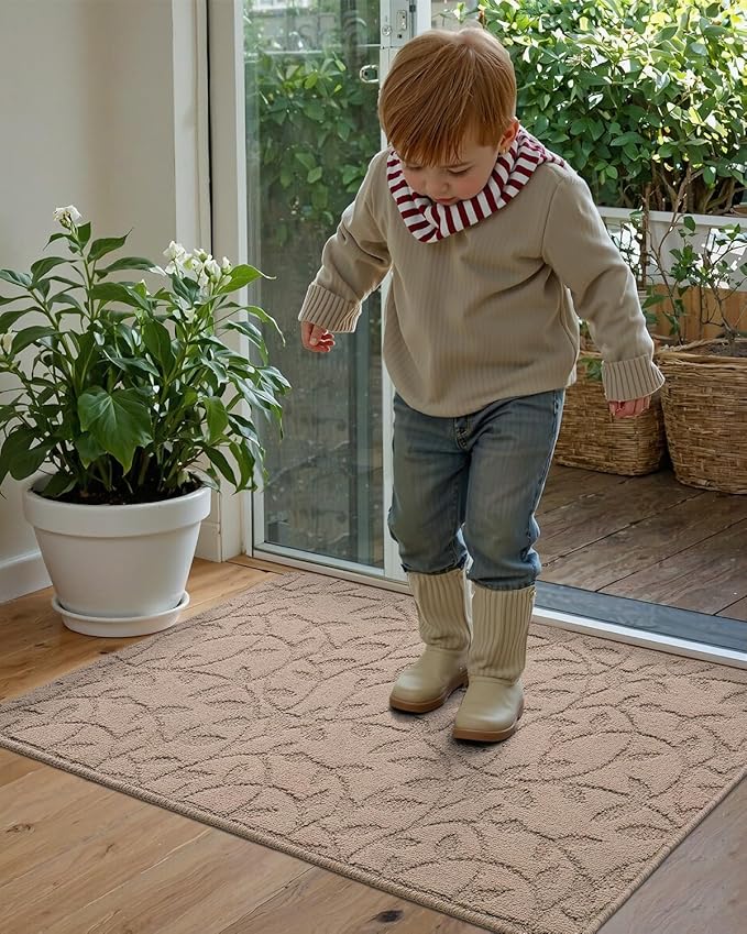 DEXI Front Door Mat Inside Entrance 24x36, Non Slip Dirt Trapper Doormat, Low Profile Thin Entry Mat, Absorbent Easy Clean Welcome Mats for Entryway, Patio, Branch Leaf Beige