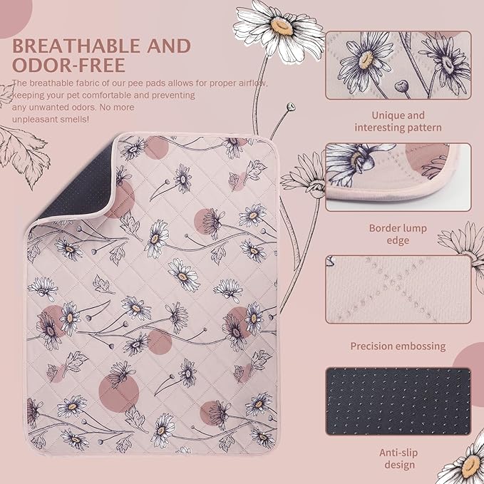 IEUUMLER Washable Pee Pads for Dogs, 2 Pack Non-Slip & Waterproof Pack Whelping Pad, Reusable Washable Puppy Potty Training Pad with Fast Absorbent for Playpen EU007 (Pink Daisy, 48"X30"-2pcs)