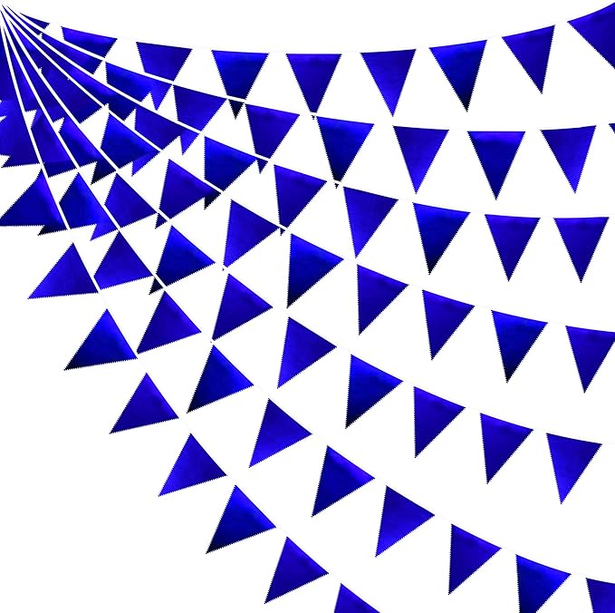 Royal Blue Triangle Pennant Banner Flag - Dark Blue Metallic Fabric Bunting Garland for Graduation, Wedding, Retirement, Bridal Shower, Birthday, Nautical Parties