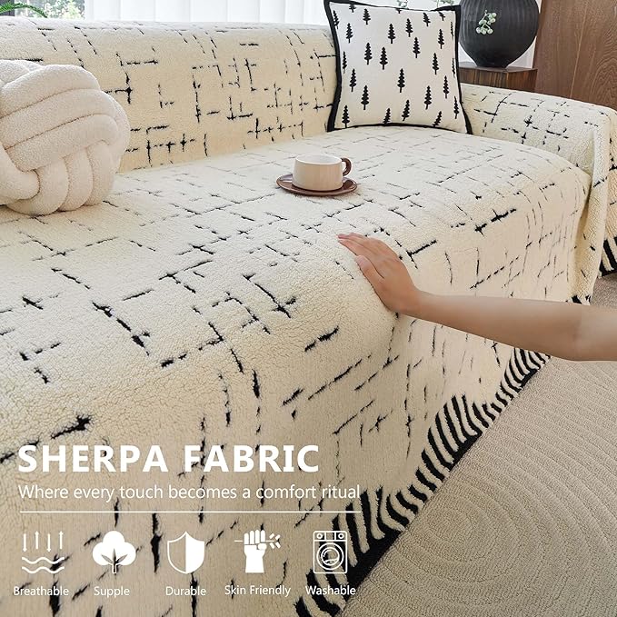 Sherpa Fleece Oversized Couch Cover for 3-4 Cushion Sofa, Beige 71" x 150" - Pet Proof Sofa Covers Heavy Duty Scratch Resistant Pet Friendly Furniture Cover - Easy Install, Machine Washable