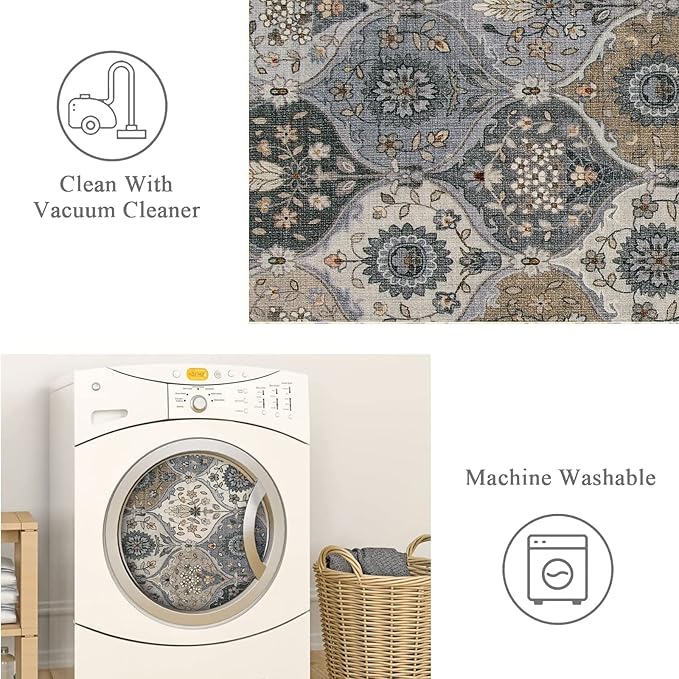 Lahome Moroccan Trellis Washable Area Rugs, 3x5 Rug for Bedroom Entryway Indoor Non-Slip, Small Oriental Accent Carpet for Living Room Kitchen Bathroom Office Elise, Grey